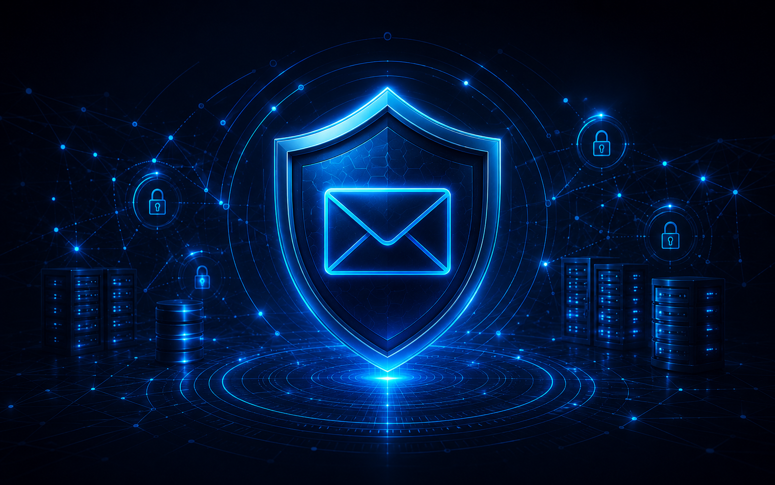 Escudo digital con sobre de correo protegido para representar ciberseguridad empresarial